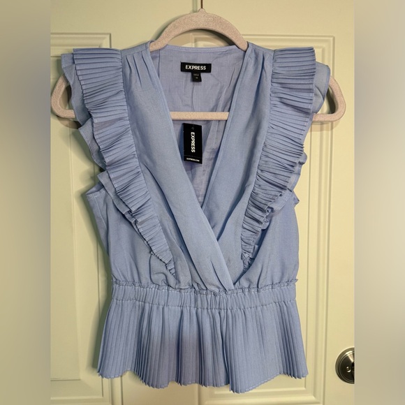 Express Tops - Express Blue Pleated Ruffle Sleeve Peplum‎ Blouse NWT XS